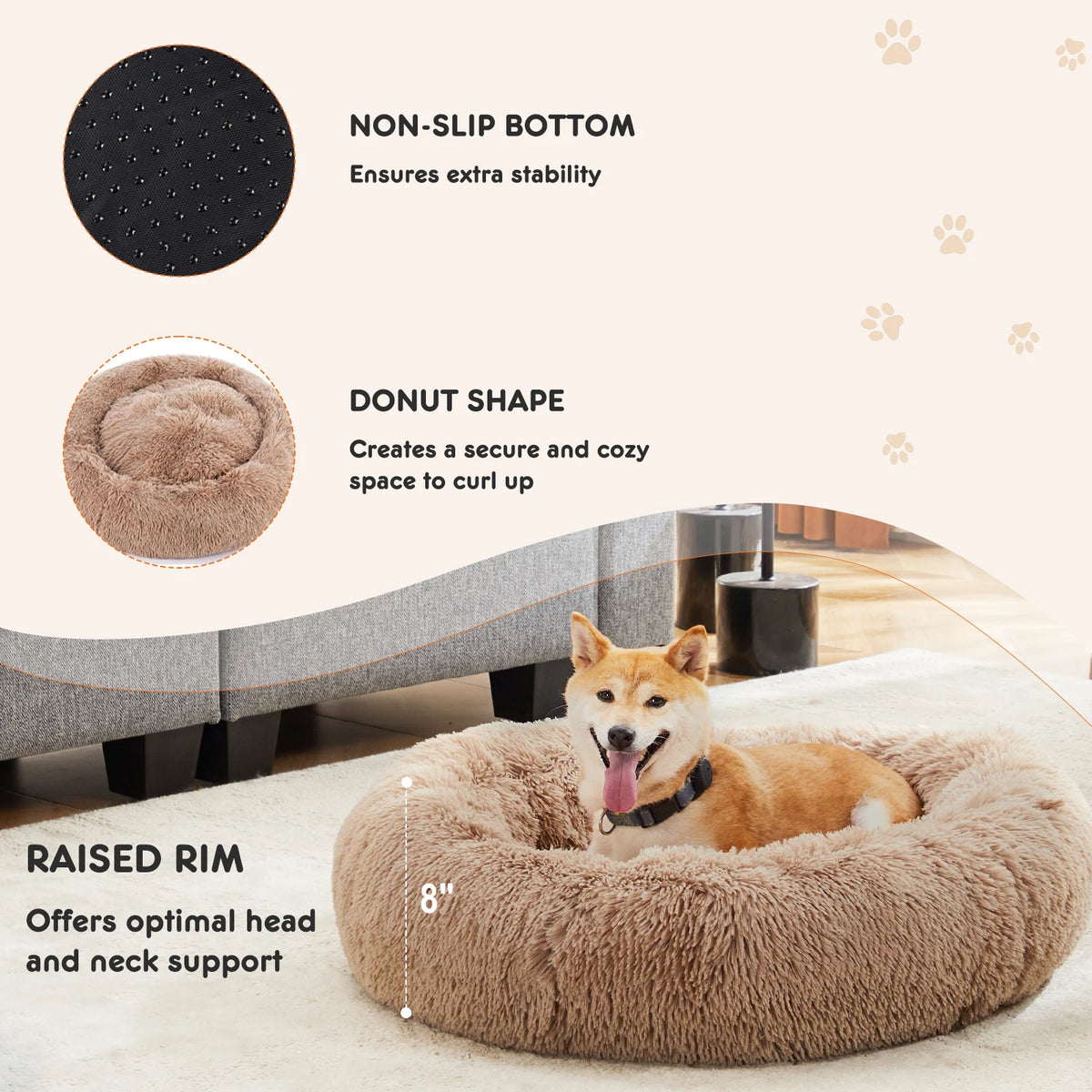 JHK Calming Plush Dog Bed With Washable Anti Slip Design
