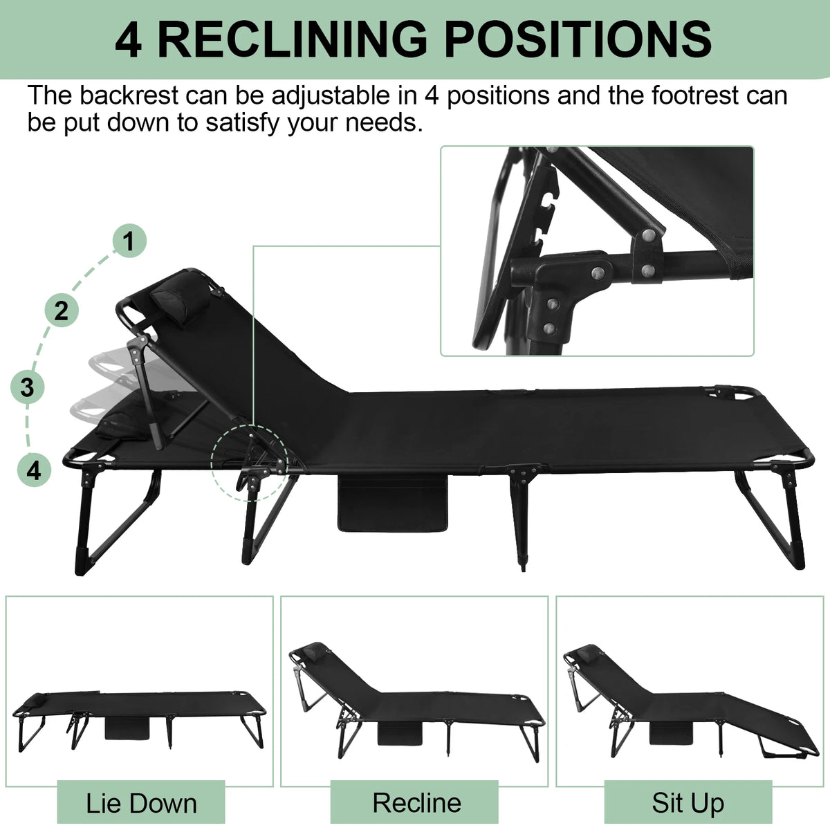 Adjustable Folding Camping Cot With Pillow And Recliner