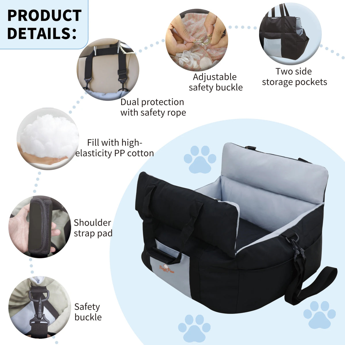 BORWART Dog Car Seat With Safety Belt And Storage Pocket