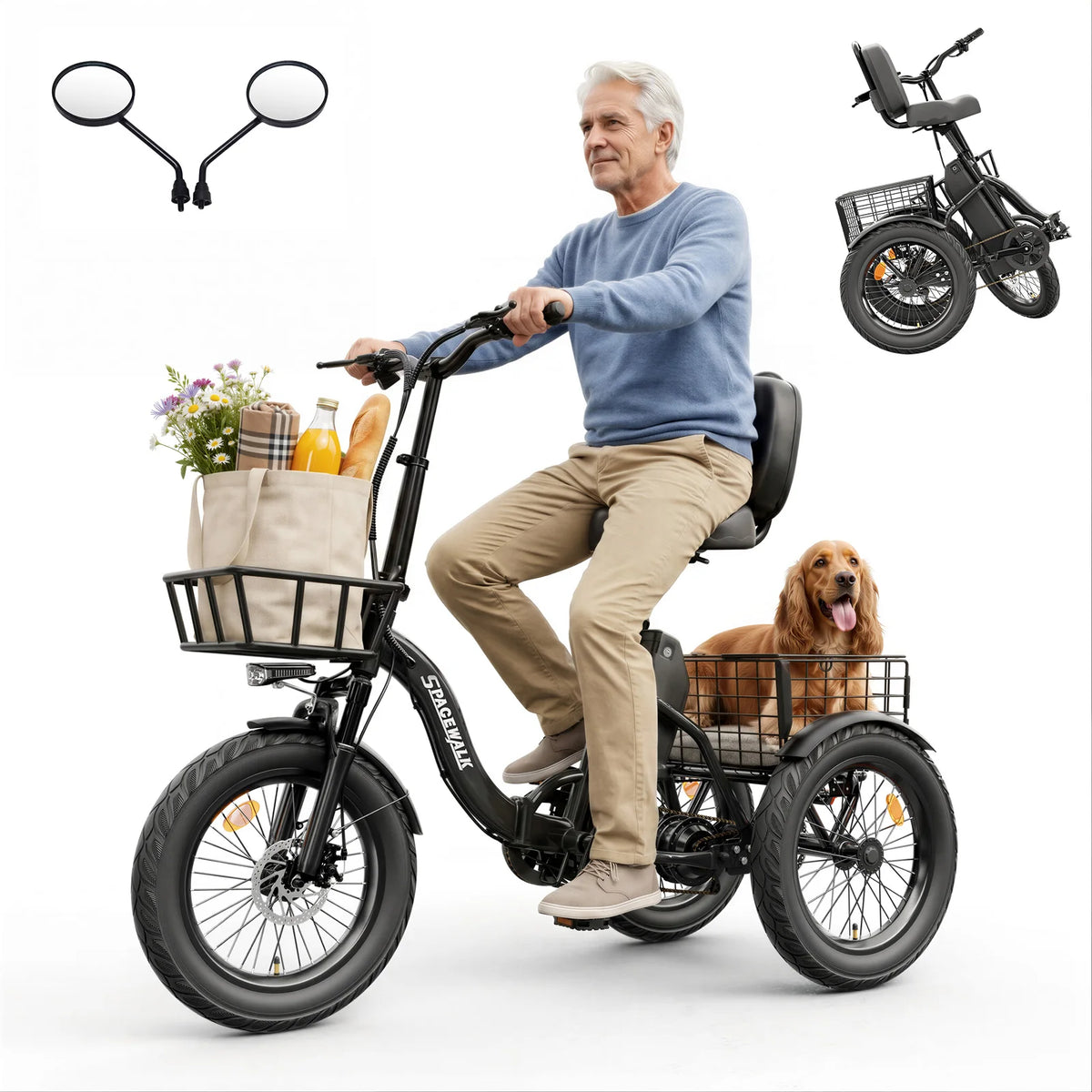 Spacewalk 1200W Folding Electric Trike With Fat Tires For Adults