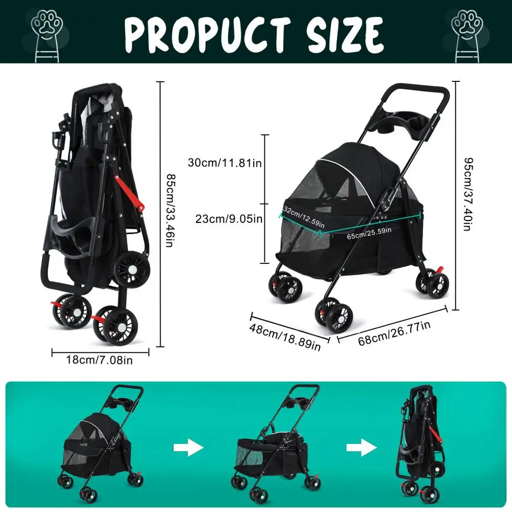 Folding Pet Stroller With Visible Mesh And Cup Holder