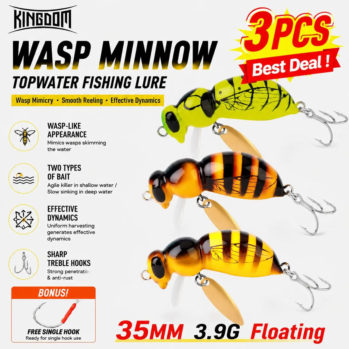 Kingdom Floating Wasp Minnow Fishing Lure With Spinner Hook