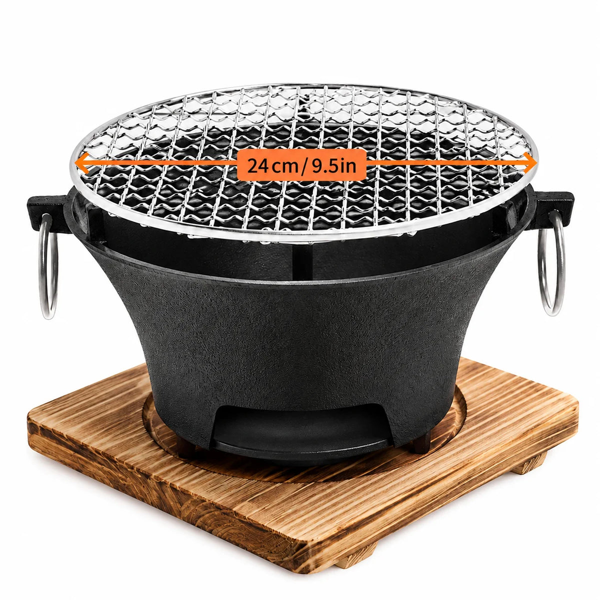 Compact Cast Iron Charcoal Grill With Wooden Tabletop Base