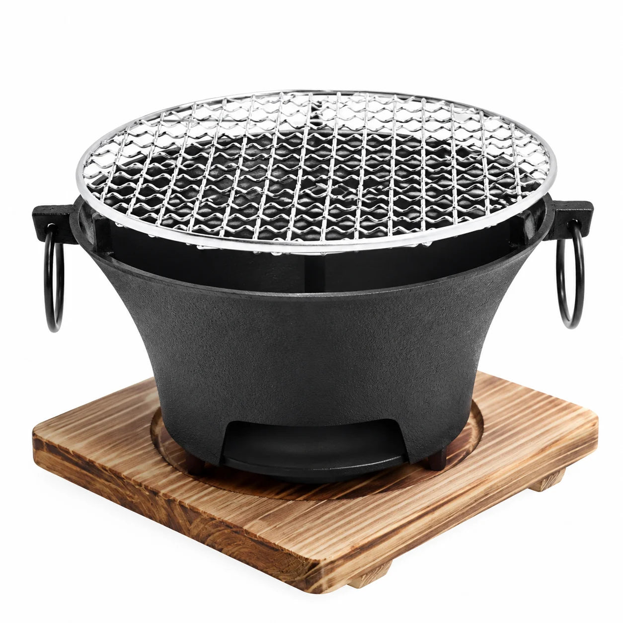 Compact Cast Iron Charcoal Grill With Wooden Tabletop Base