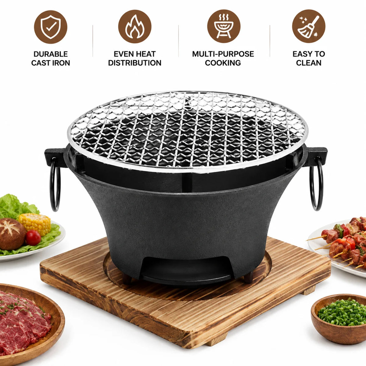 Compact Cast Iron Charcoal Grill With Wooden Tabletop Base