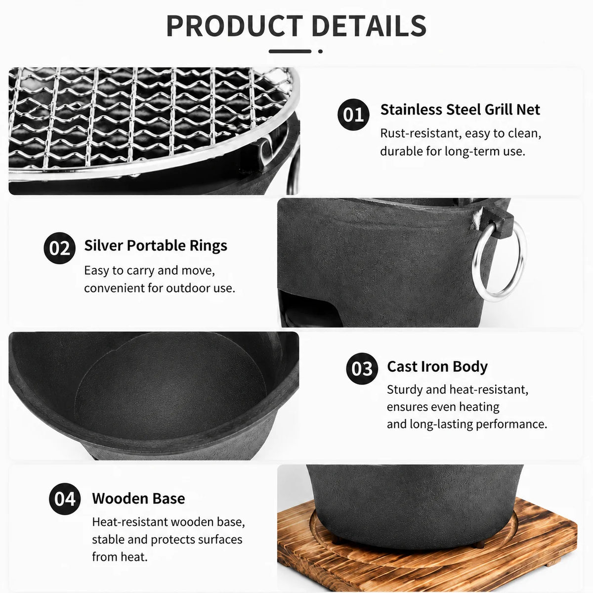 Compact Cast Iron Charcoal Grill With Wooden Tabletop Base