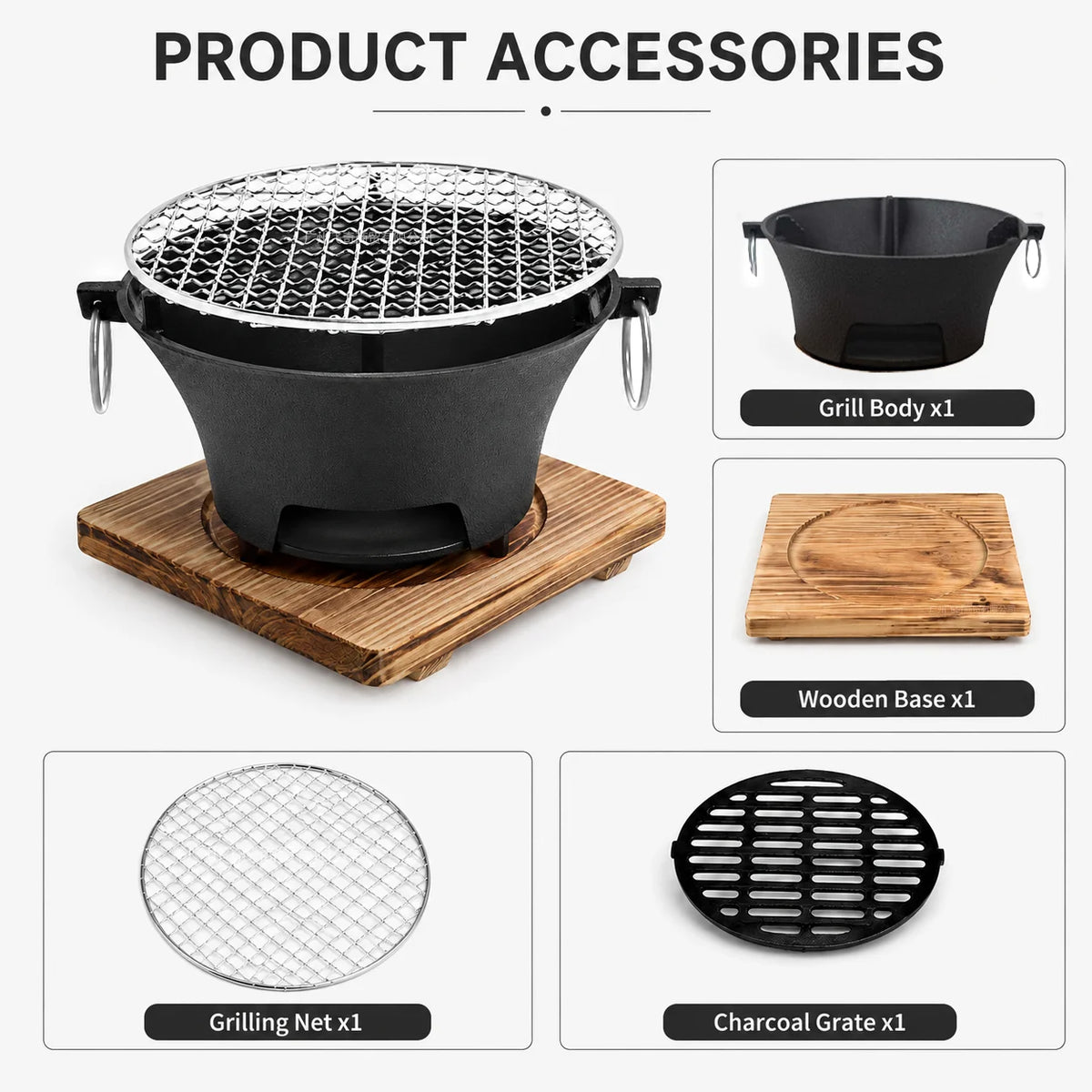 Compact Cast Iron Charcoal Grill With Wooden Tabletop Base