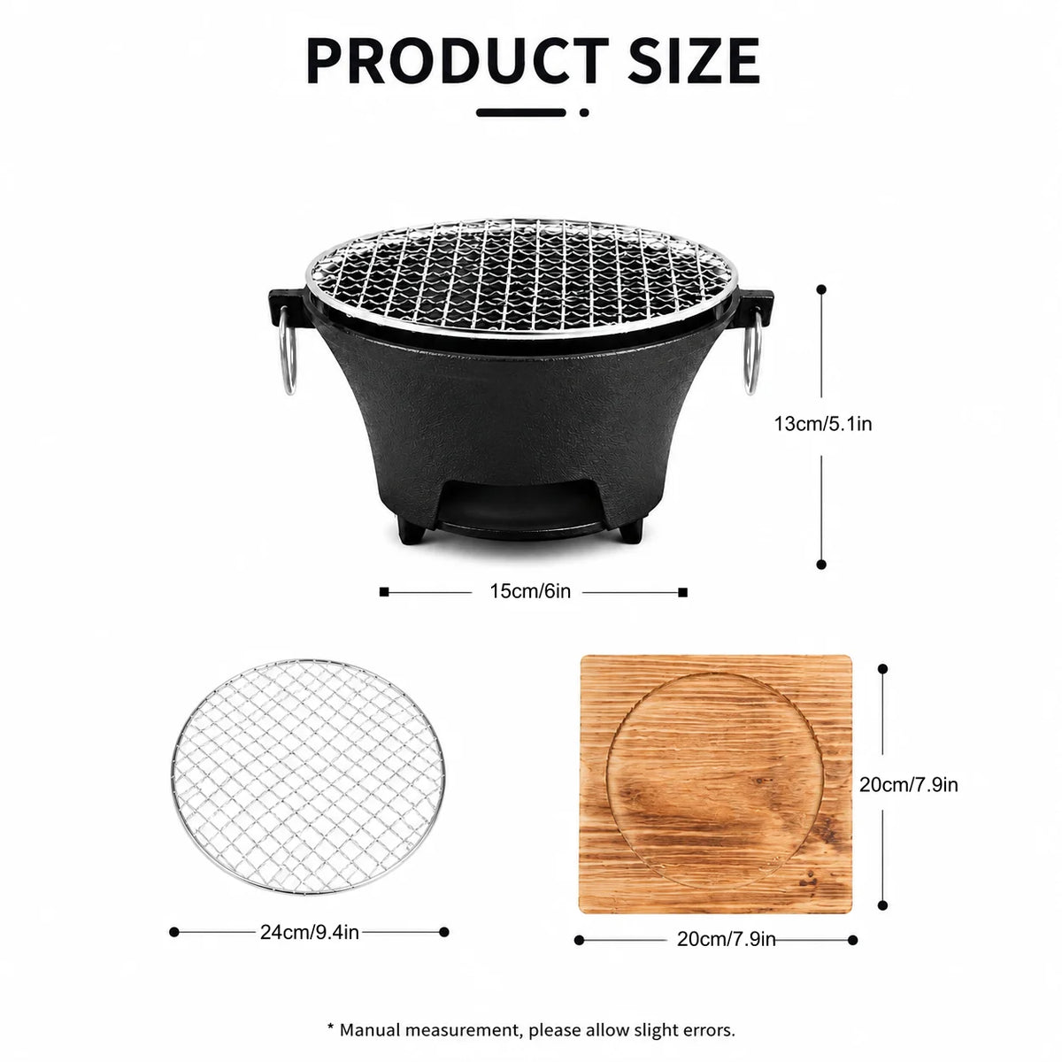 Compact Cast Iron Charcoal Grill With Wooden Tabletop Base