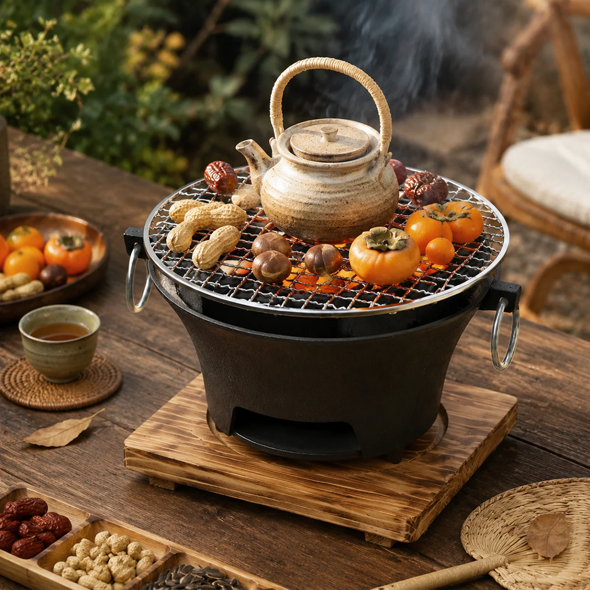 Compact Cast Iron Charcoal Grill With Wooden Tabletop Base