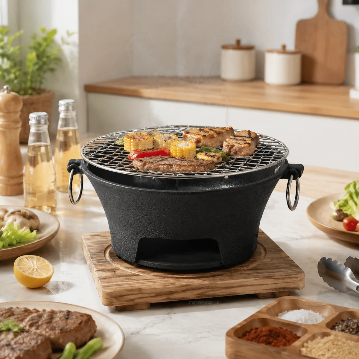 Compact Cast Iron Charcoal Grill With Wooden Tabletop Base