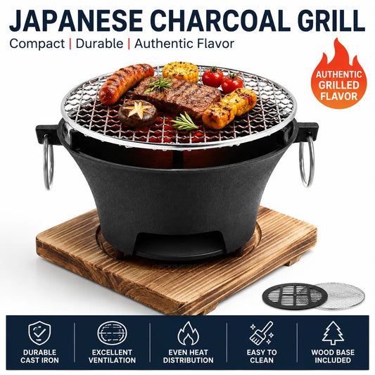 Compact Cast Iron Charcoal Grill With Wooden Tabletop Base