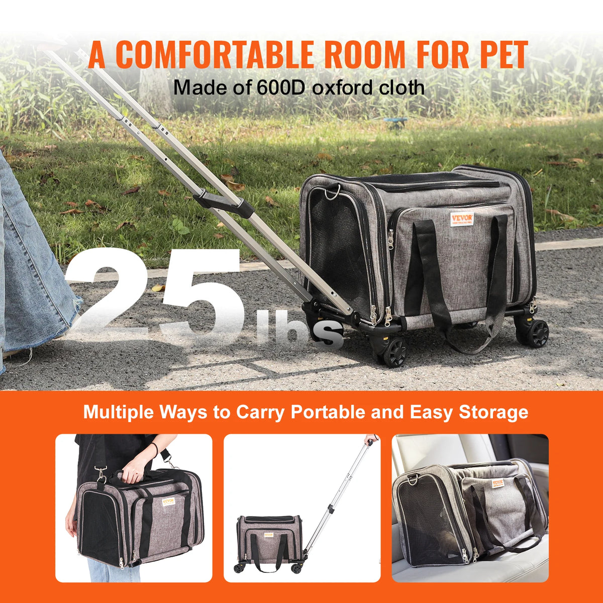 Wheeled Pet Carrier Backpack With Telescopic Handle For Travel