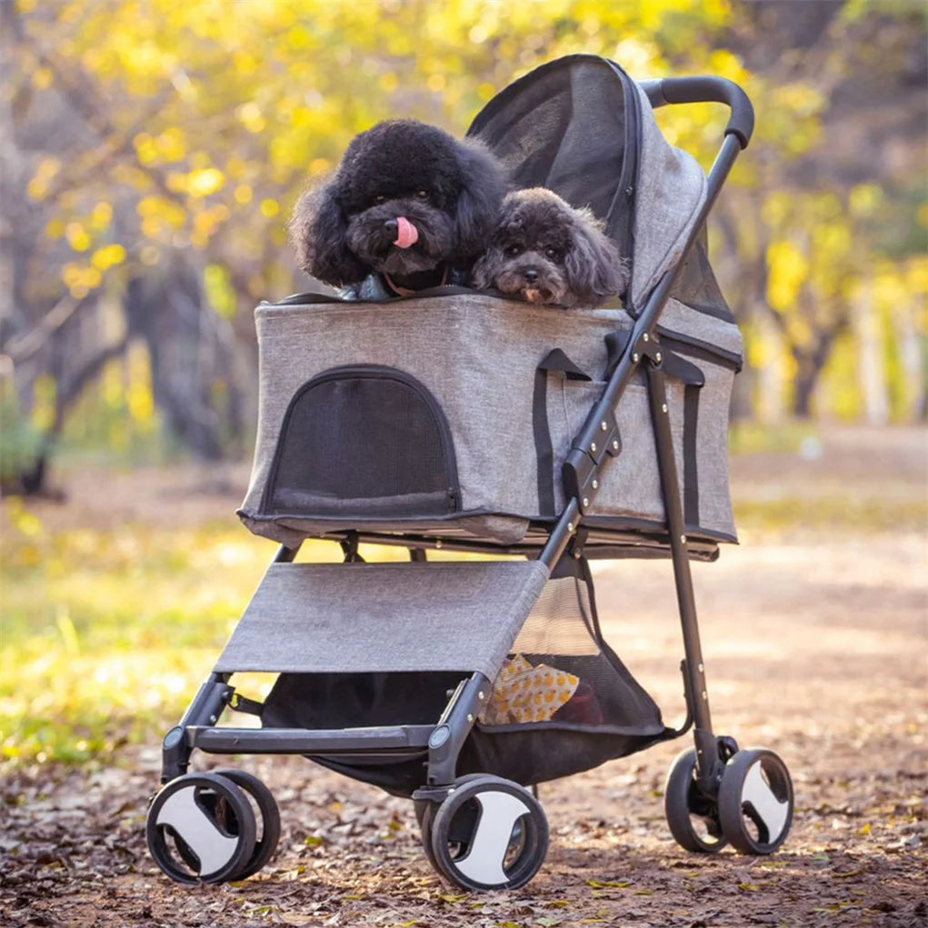 Foldable Four Wheel Pet Stroller With Basket And Rain Cover