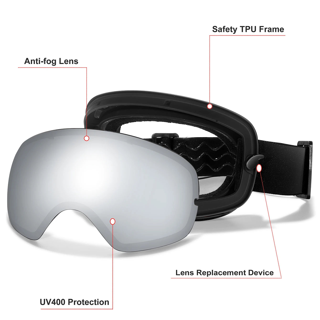UV400 Antifog Ski Goggles Polycarbonate Lens For Outdoor Sports