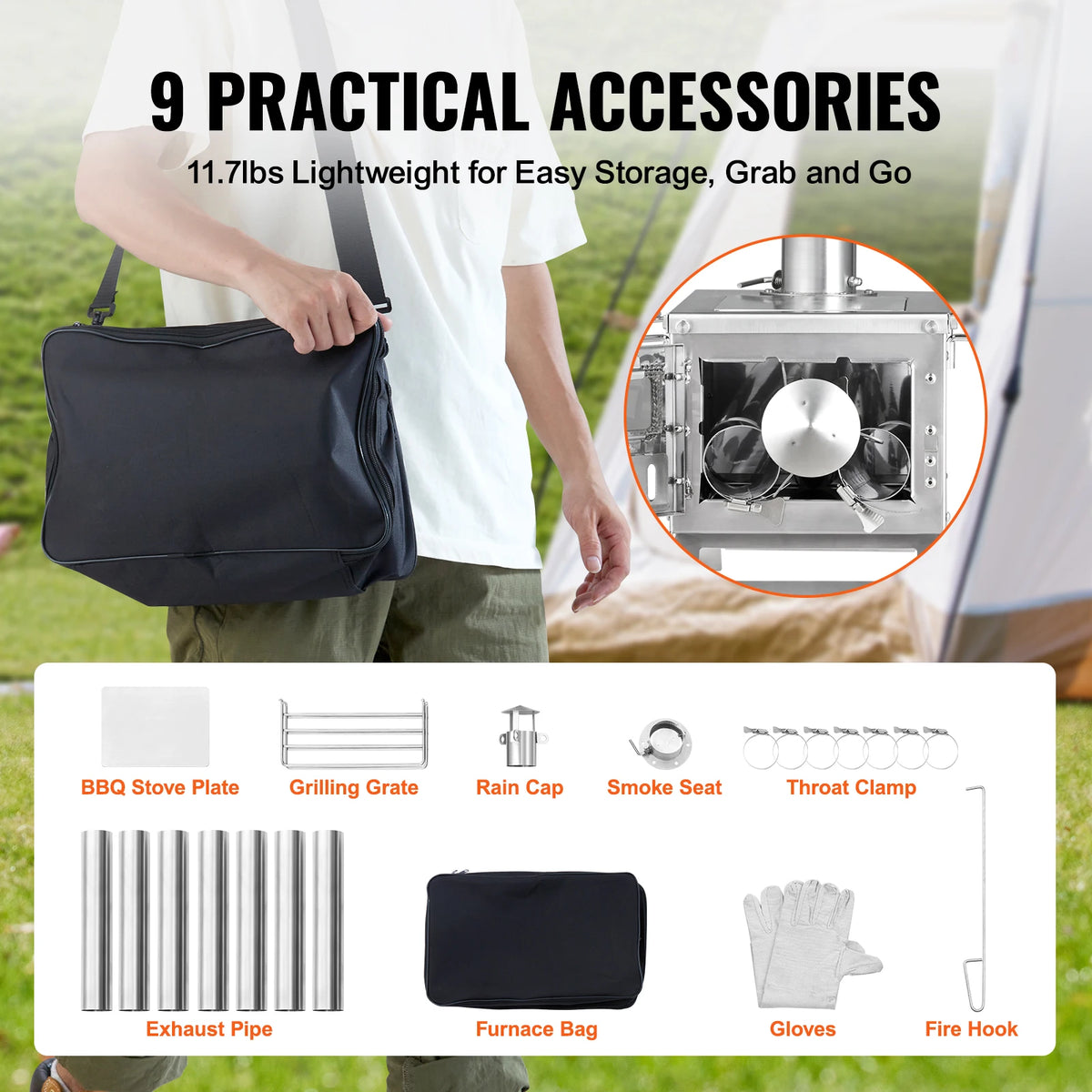 Portable Stainless Steel Camping Wood Stove With Chimney