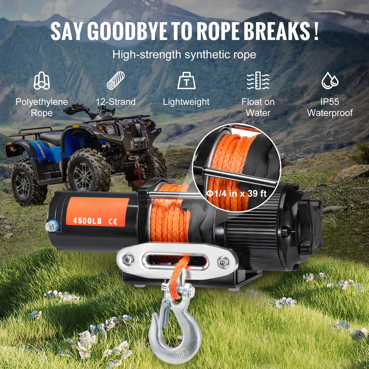 SucceBuy 4500Lb Electric Winch With Synthetic Rope Wireless Remote