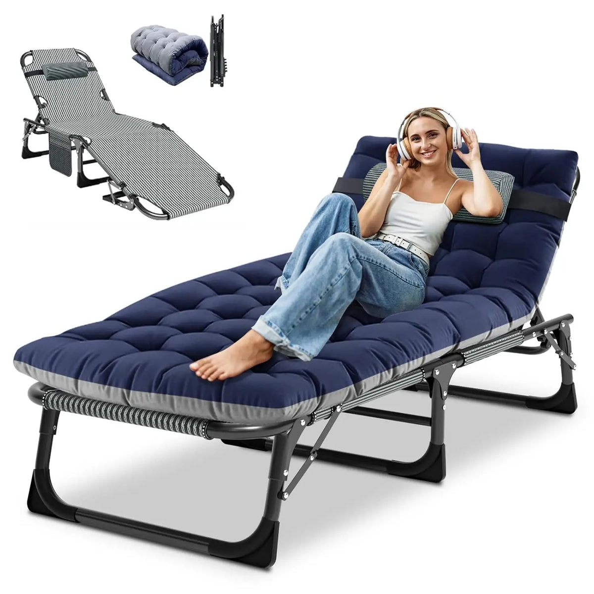 Heavy Duty Adjustable Folding Chaise Lounge Chair With Cushion