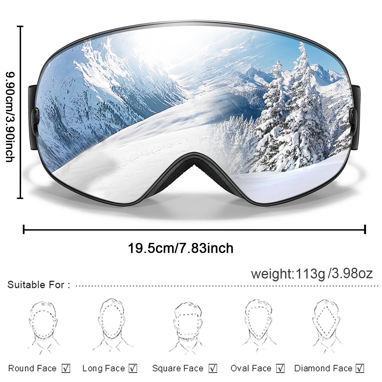 UV400 Antifog Ski Goggles Polycarbonate Lens For Outdoor Sports