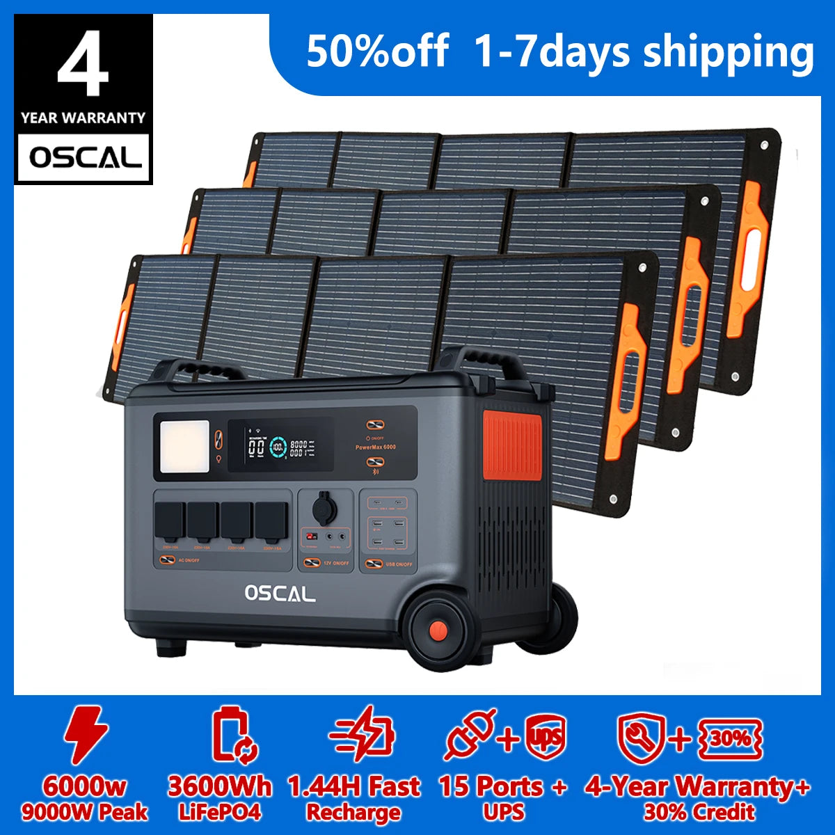 OSCAL PowerMax 6000 3600Wh LiFePO4 Solar Generator Portable Power Station