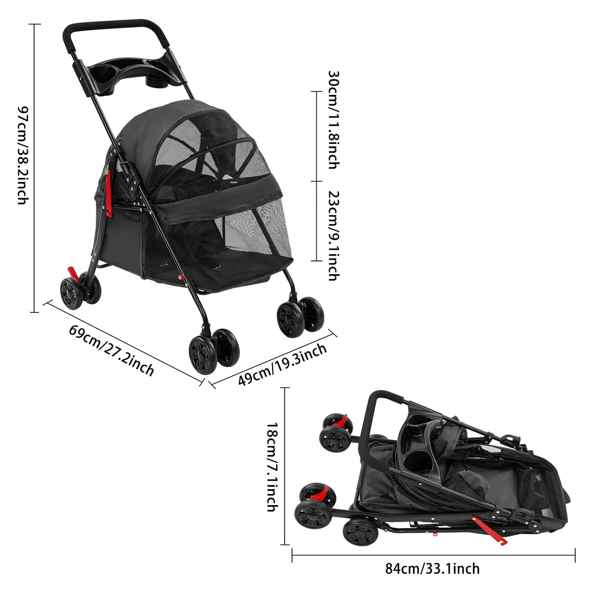 Foldable Mesh Pet Stroller With Cup Holder And Ergonomic Grip