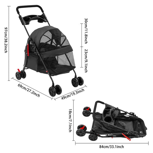 Foldable Mesh Pet Stroller With Cup Holder And Ergonomic Grip