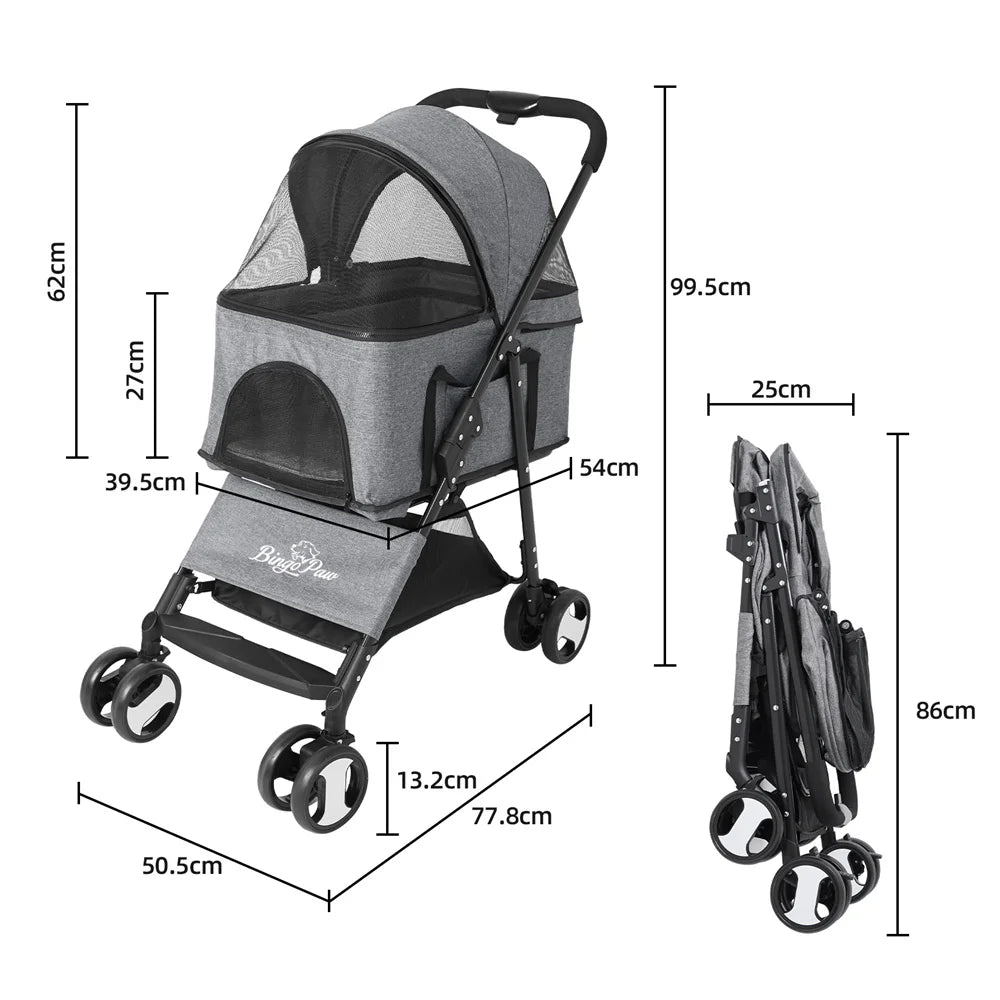 Foldable Four Wheel Pet Stroller With Basket And Rain Cover