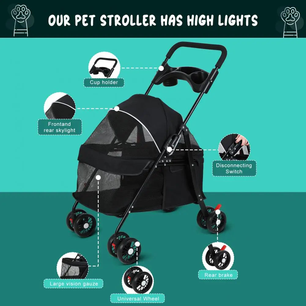Folding Pet Stroller With Visible Mesh And Cup Holder