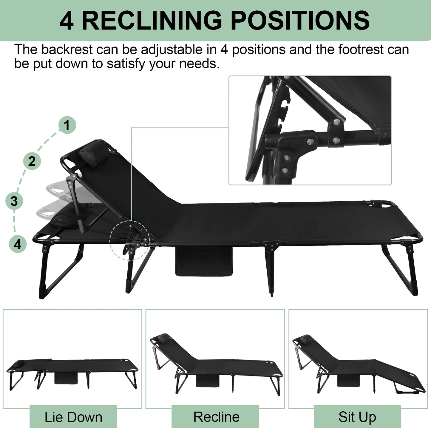 Adjustable Folding Camping Cot With Pillow And Recliner
