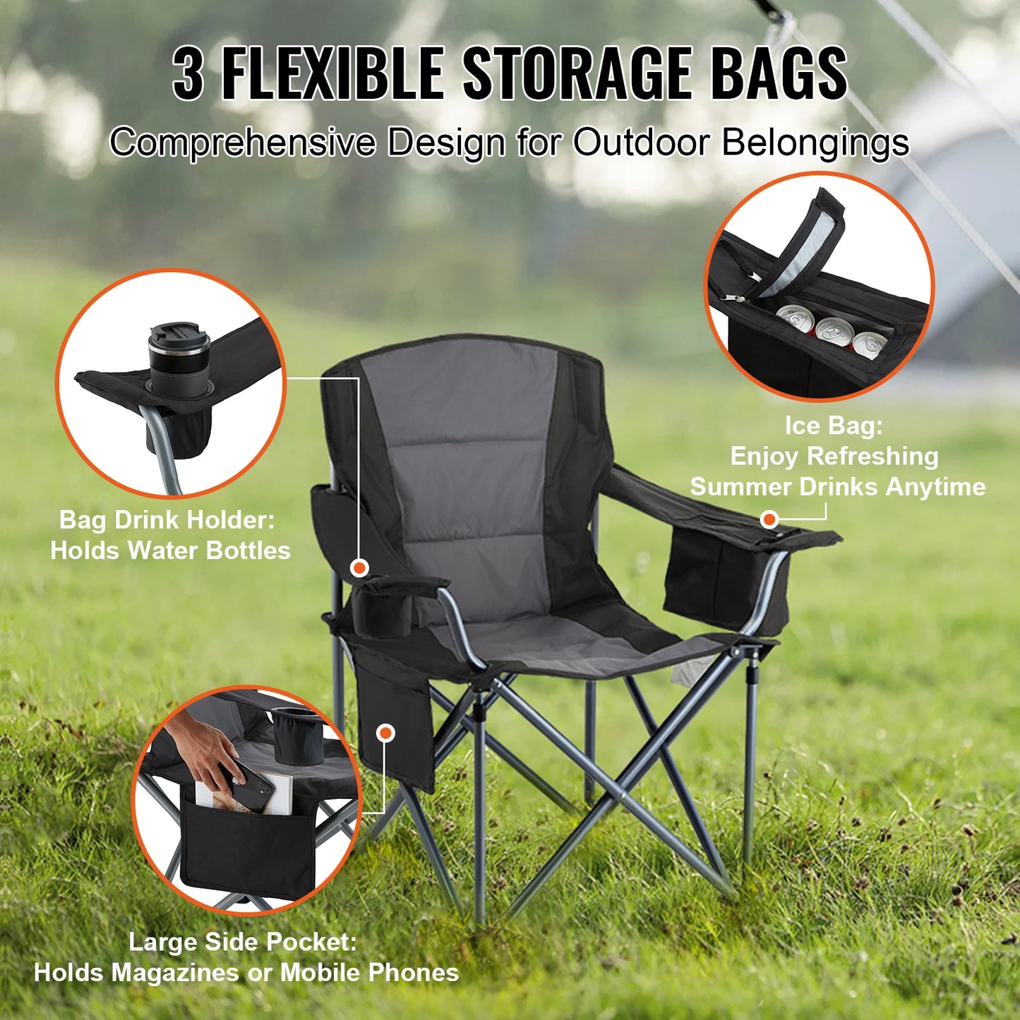 Vevor Outdoor Folding Chair With Armrest And Side Pockets
