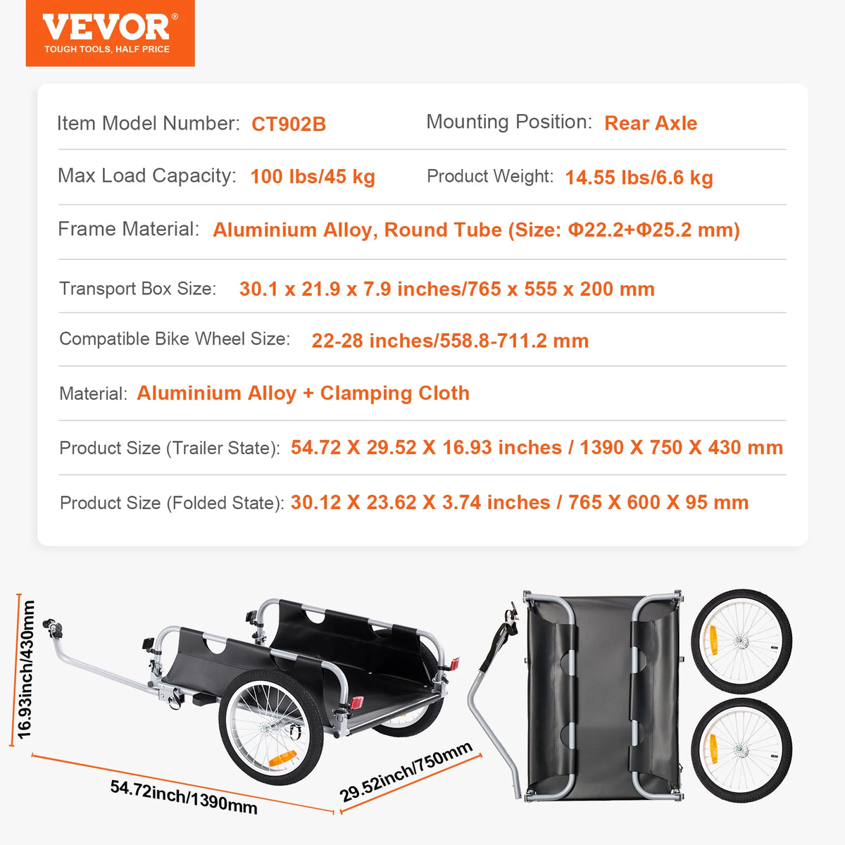 Foldable Aluminum Bike Cargo Trailer With Rear Axle Mount