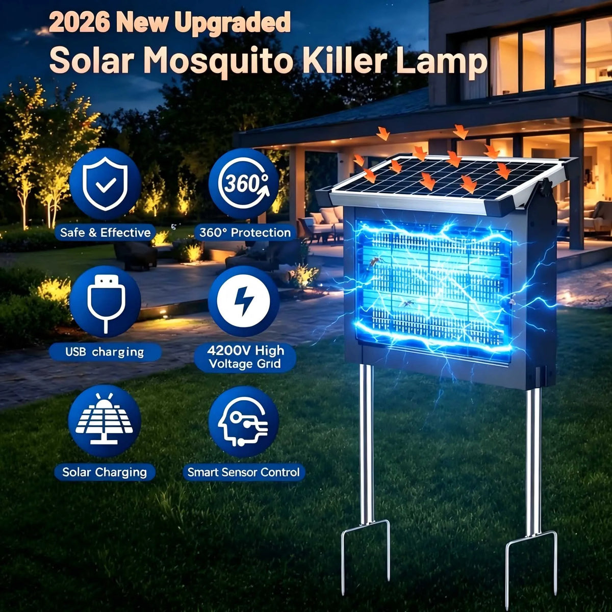 Solar Outdoor Bug Zapper With 4500V Waterproof Mosquito Killer Device