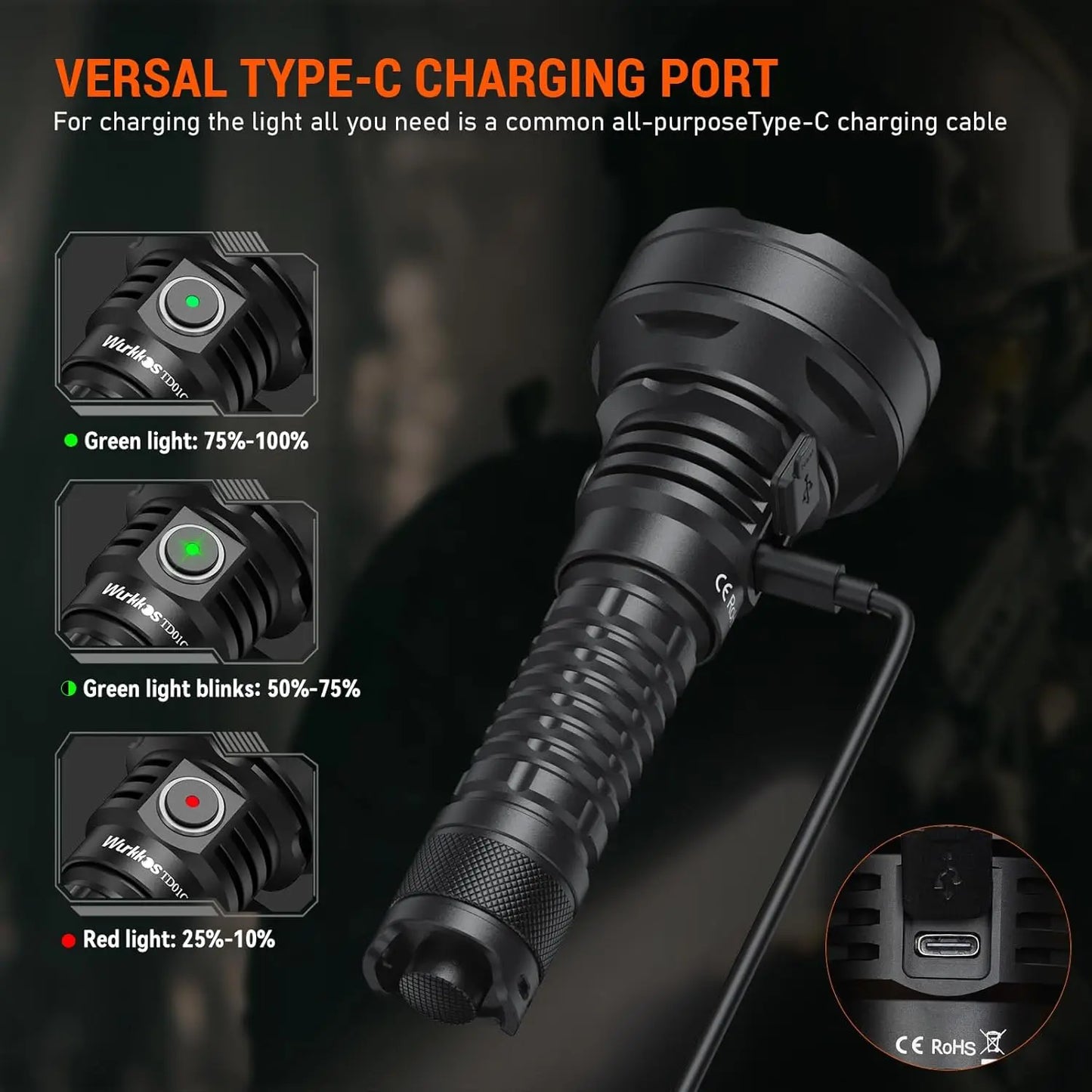 Wurkkos TD01C 1800 Lumens Rechargeable Tactical Flashlight USB C