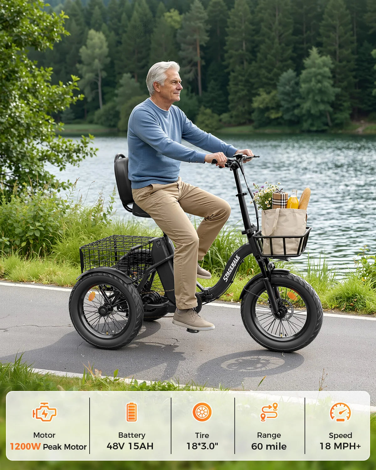 Spacewalk 1200W Folding Electric Trike With Fat Tires For Adults