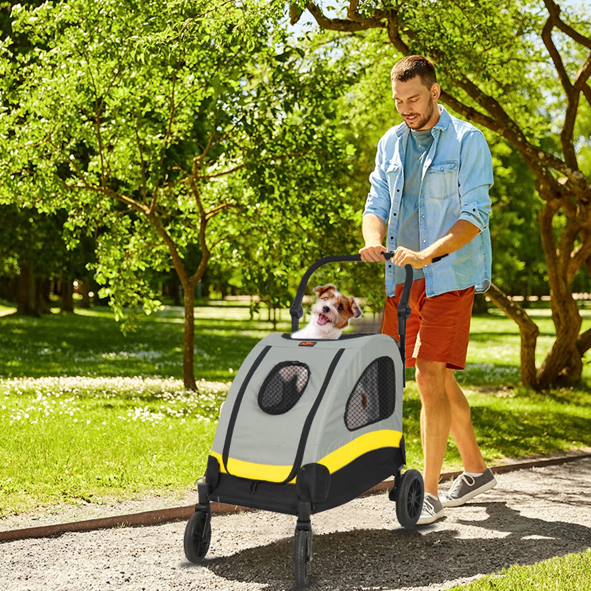 Portable Breathable Pet Stroller Wagon With Adjustable Handle And Leash
