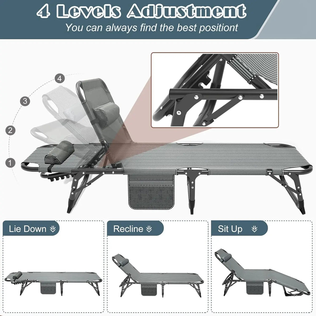 Heavy Duty Adjustable Folding Chaise Lounge Chair With Cushion