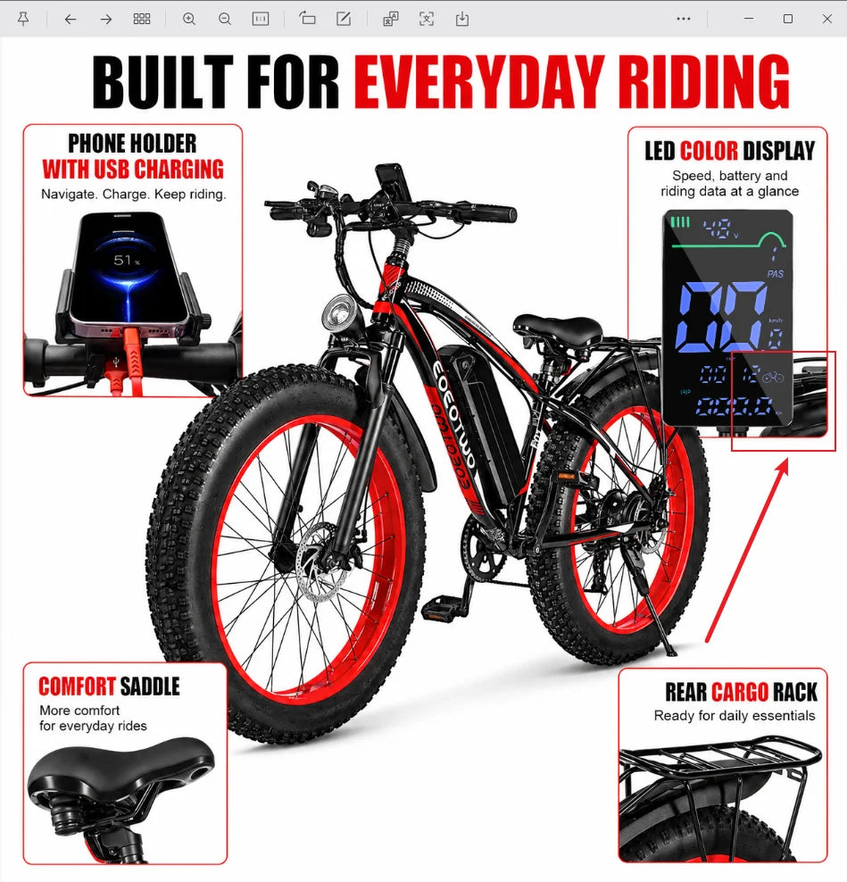 EOEOTWO 1500W Peak Fat Tire Electric Bike For Adults