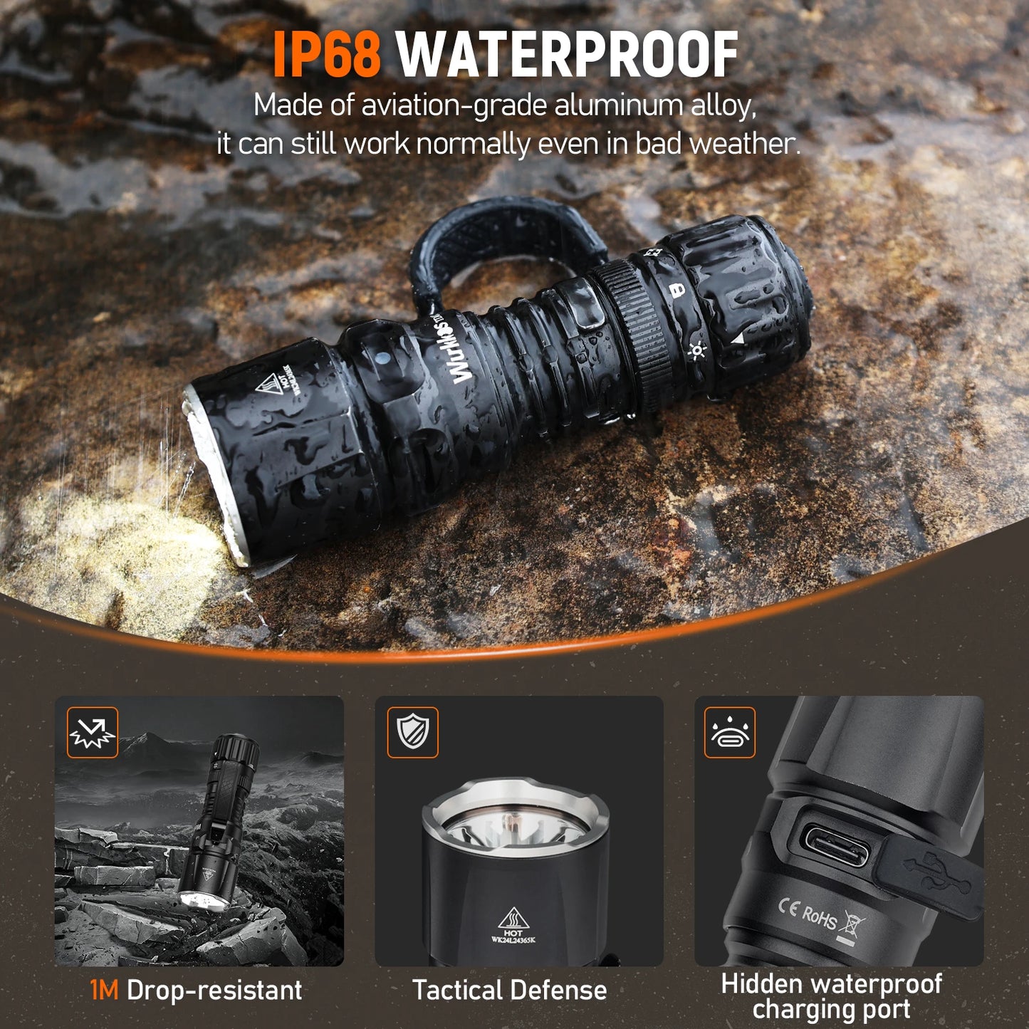 Wurkkos TD07 Tactical Flashlight 1300LM IP68 Waterproof Dual Switch