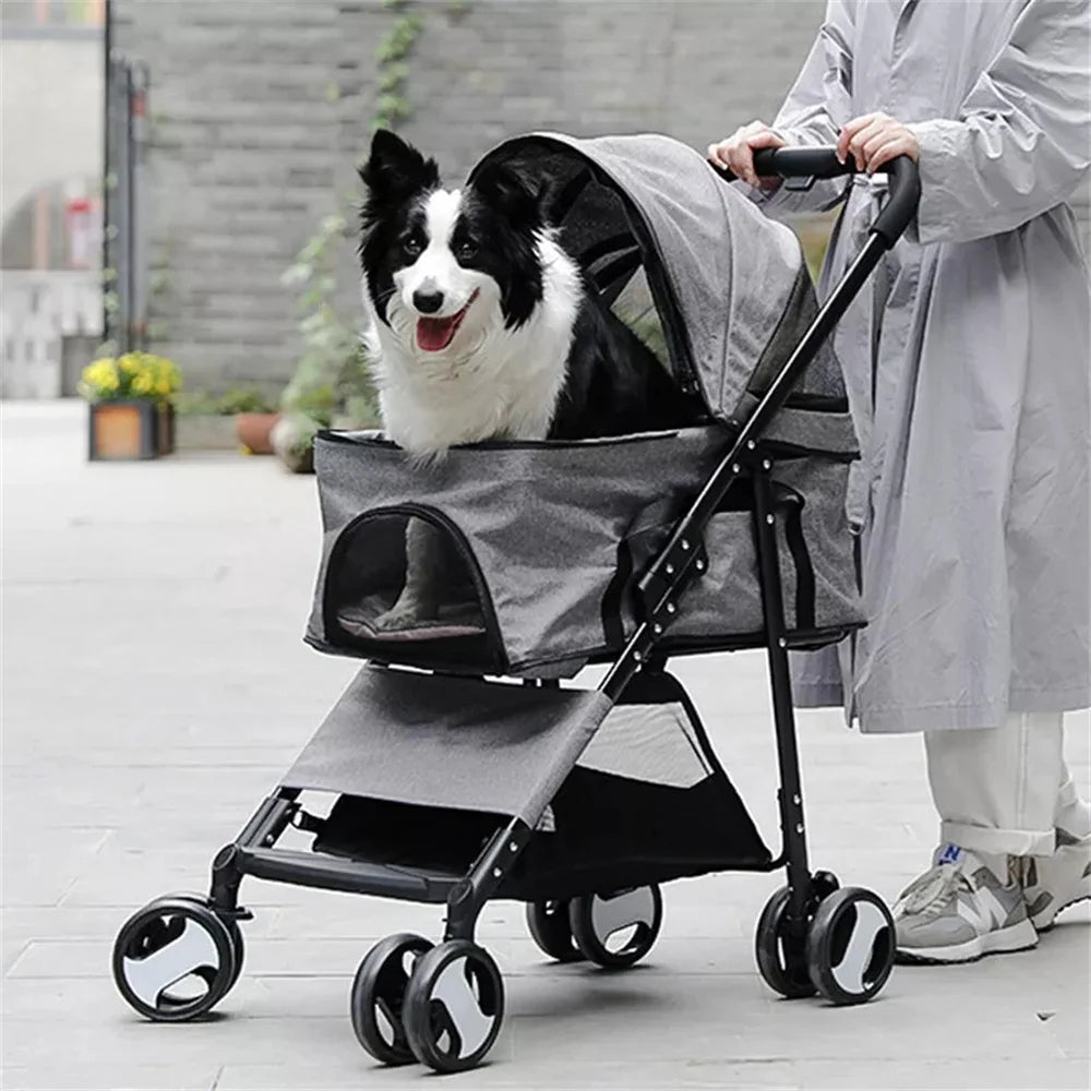 Foldable Four Wheel Pet Stroller With Basket And Rain Cover