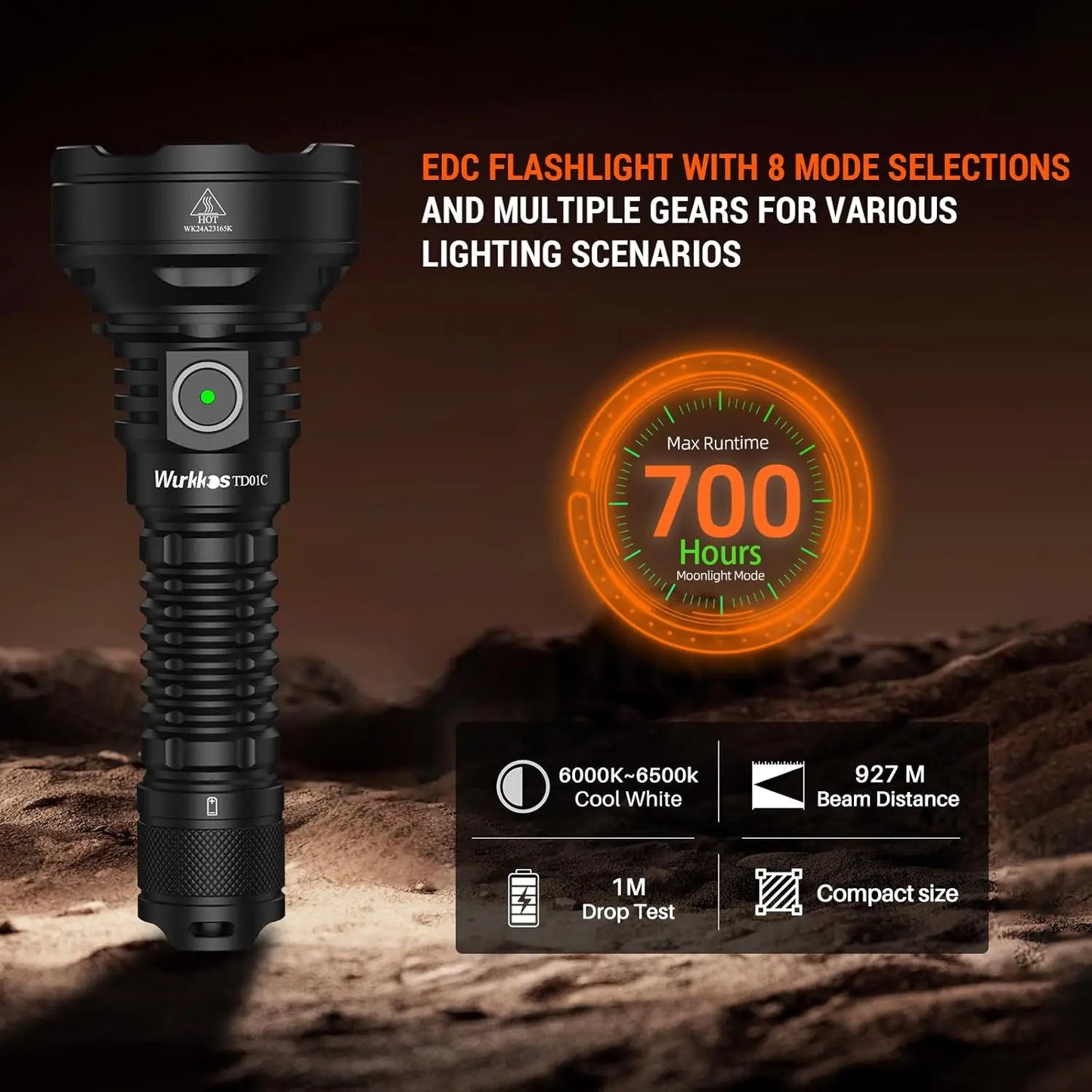 Wurkkos TD01C 1800 Lumens Rechargeable Tactical Flashlight USB C