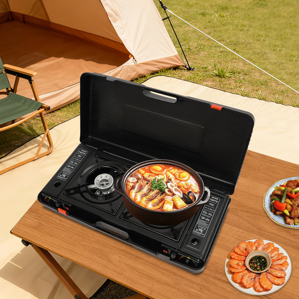Portable Stainless Steel Dual Burner Gas Stove With Piezo Ignition