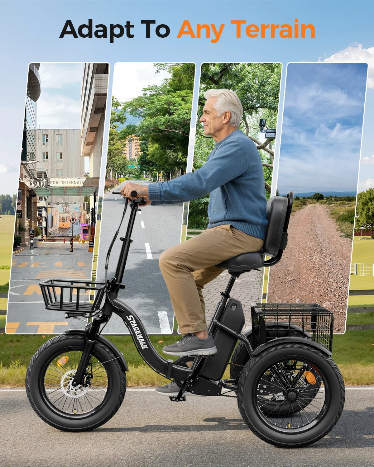 Spacewalk 1200W Folding Electric Trike With Fat Tires For Adults