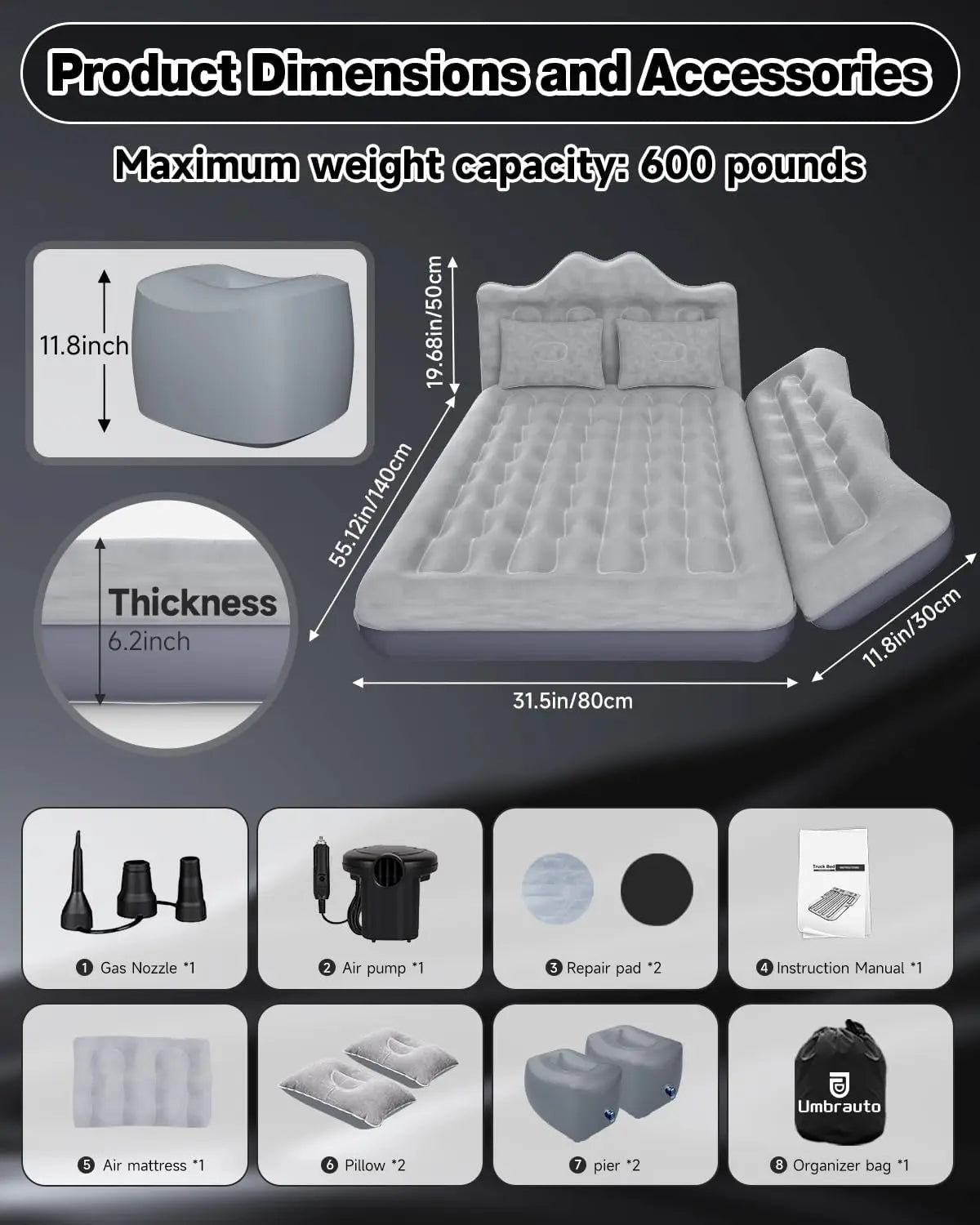 Umbrauto Inflatable Car Air Mattress For SUV Travel Camping Bed