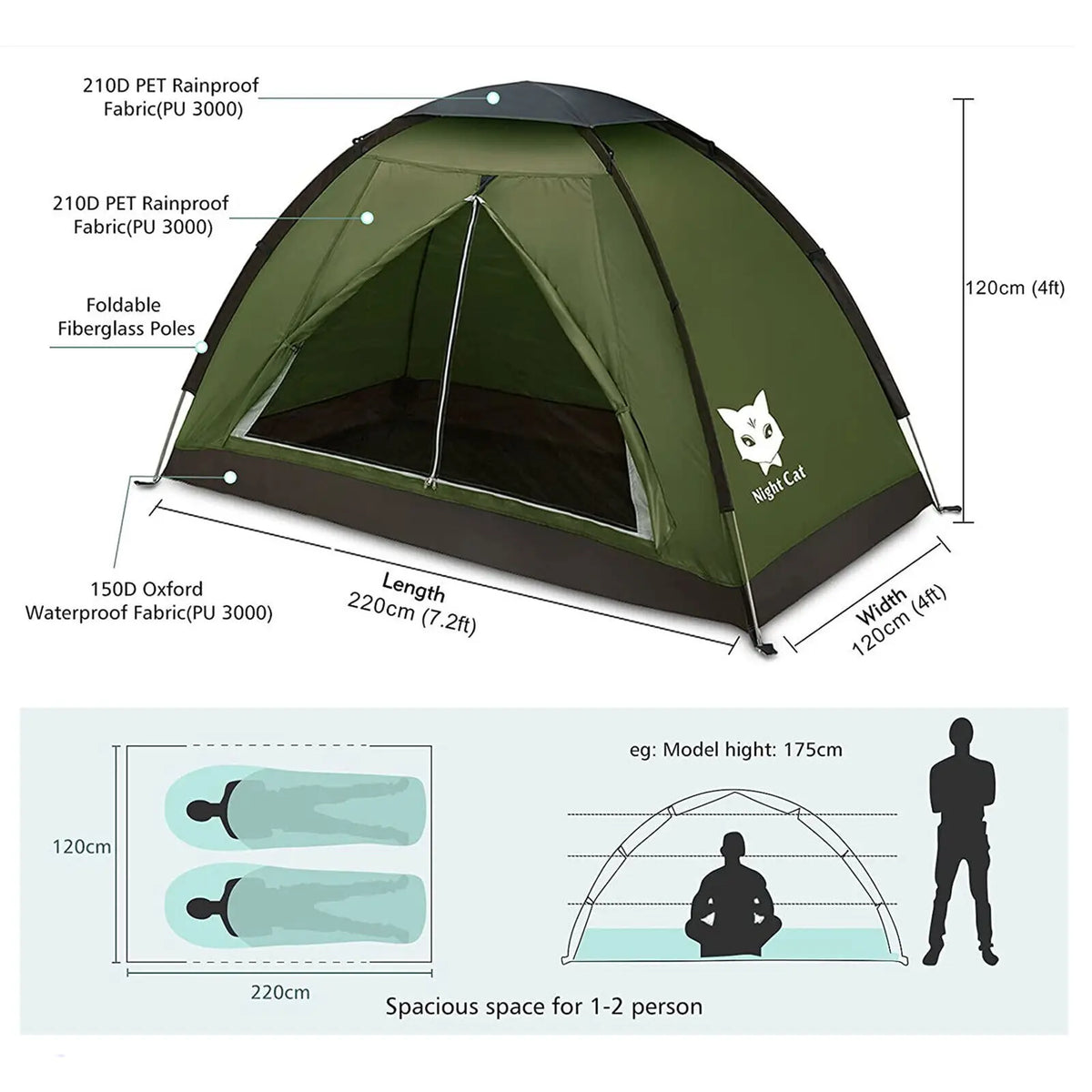 Night Cat Lightweight Waterproof Two Person Camping Tent