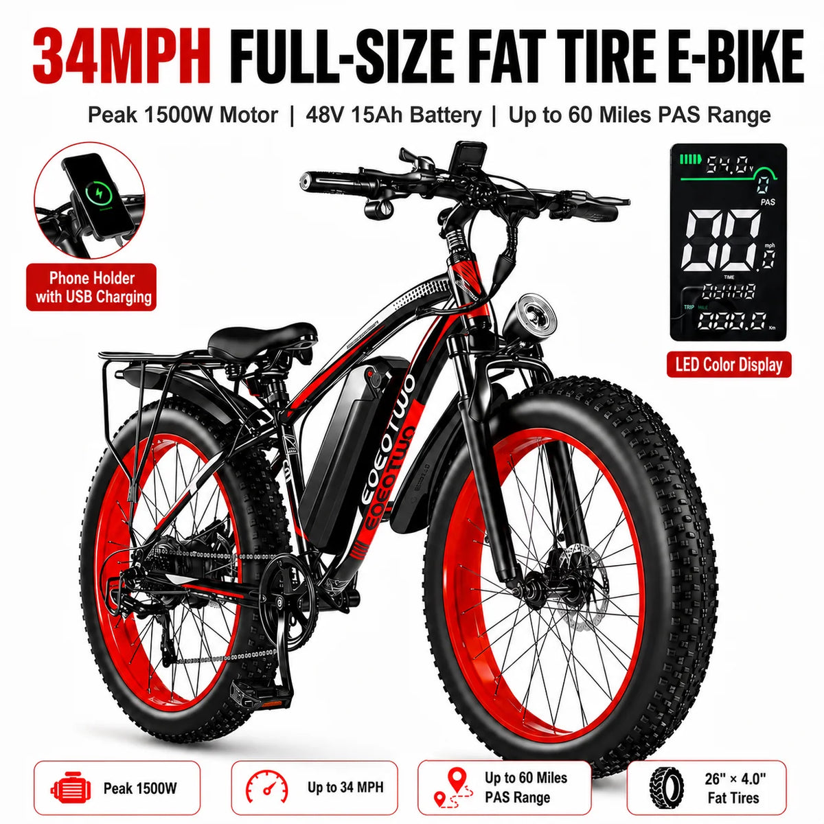 EOEOTWO 1500W Peak Fat Tire Electric Bike For Adults