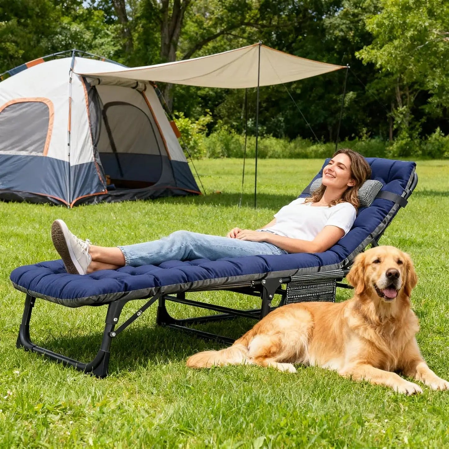 Heavy Duty Adjustable Folding Chaise Lounge Chair With Cushion