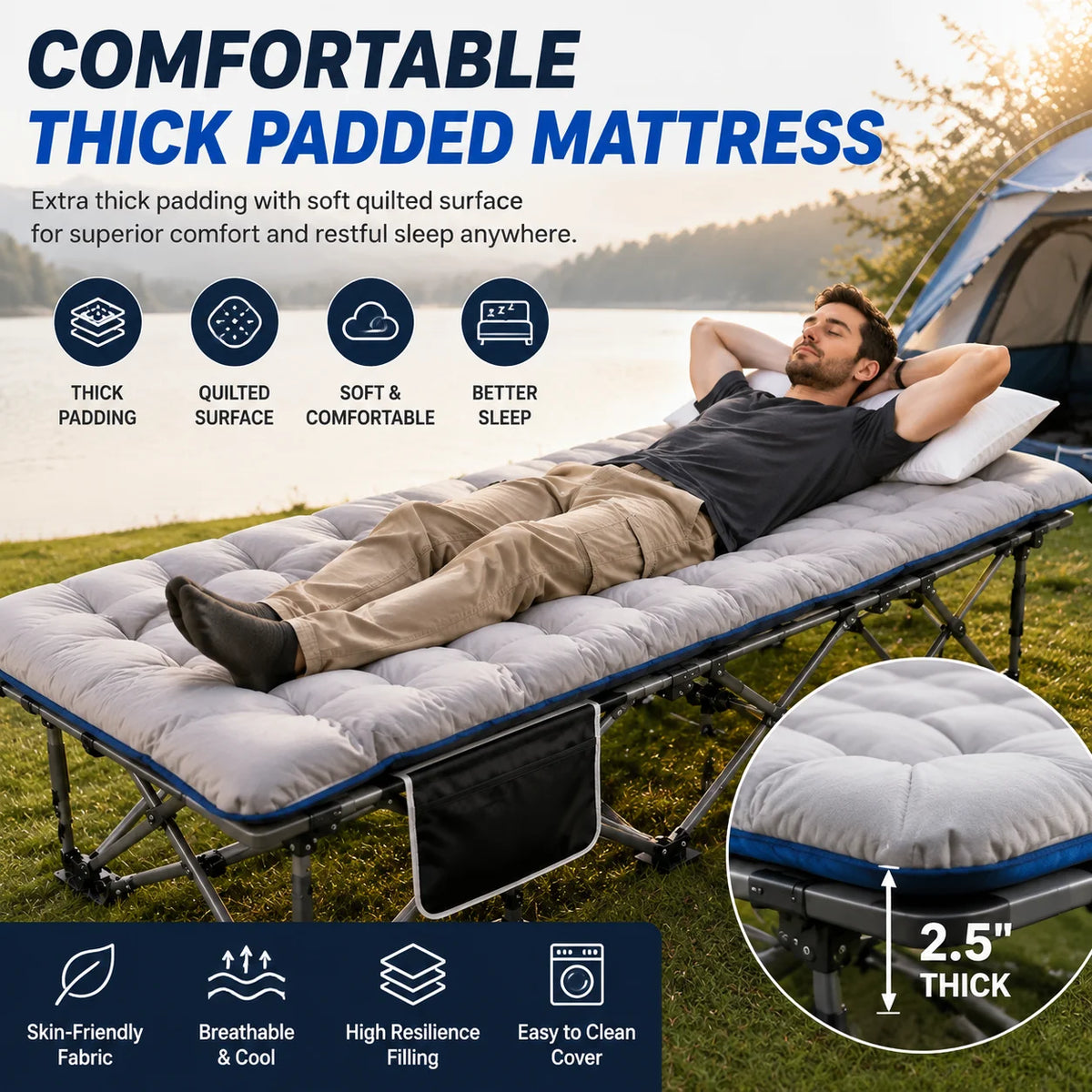 Portable Folding Camping Cot With Thick Padded Mattress for Travel Sleeping