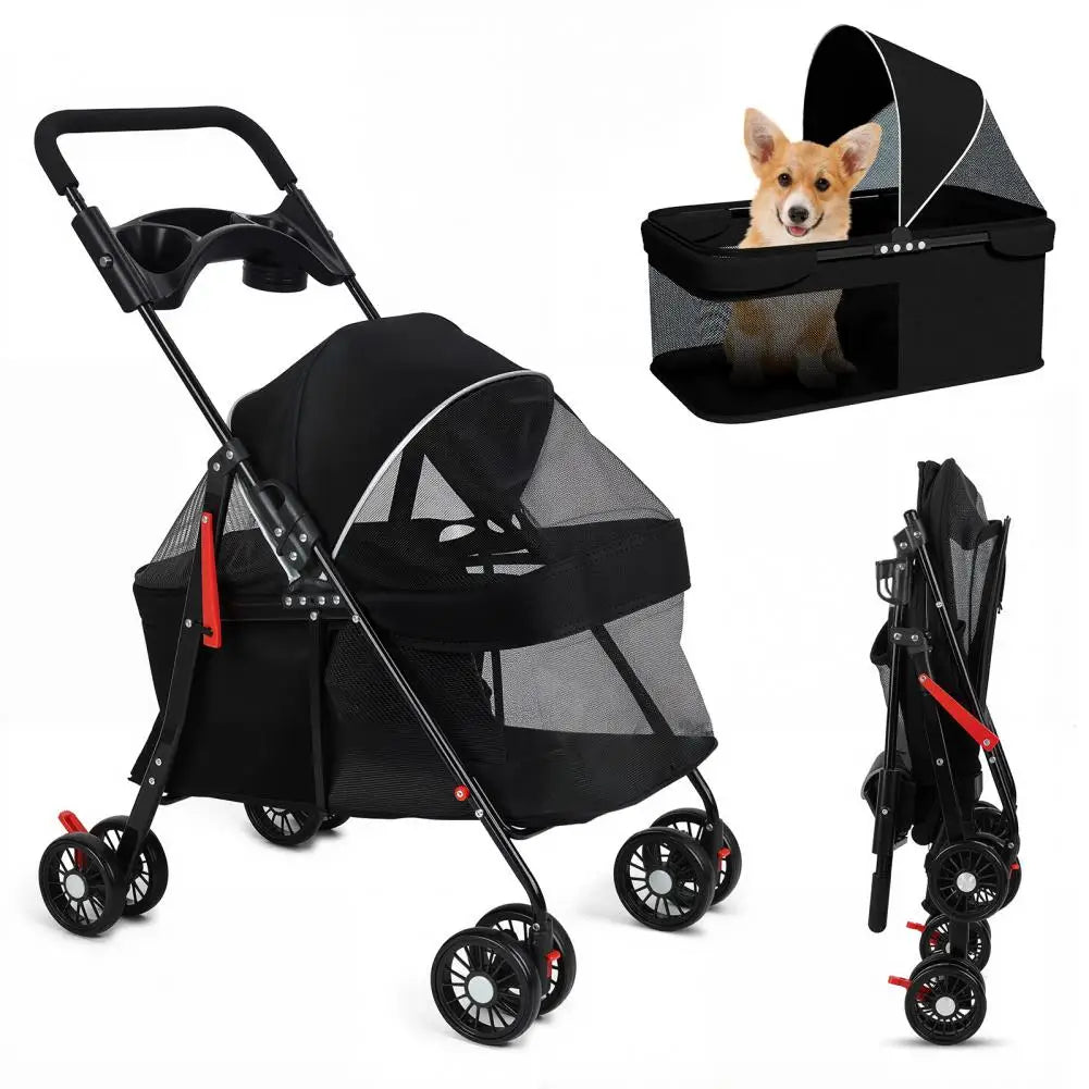 Folding Pet Stroller With Visible Mesh And Cup Holder