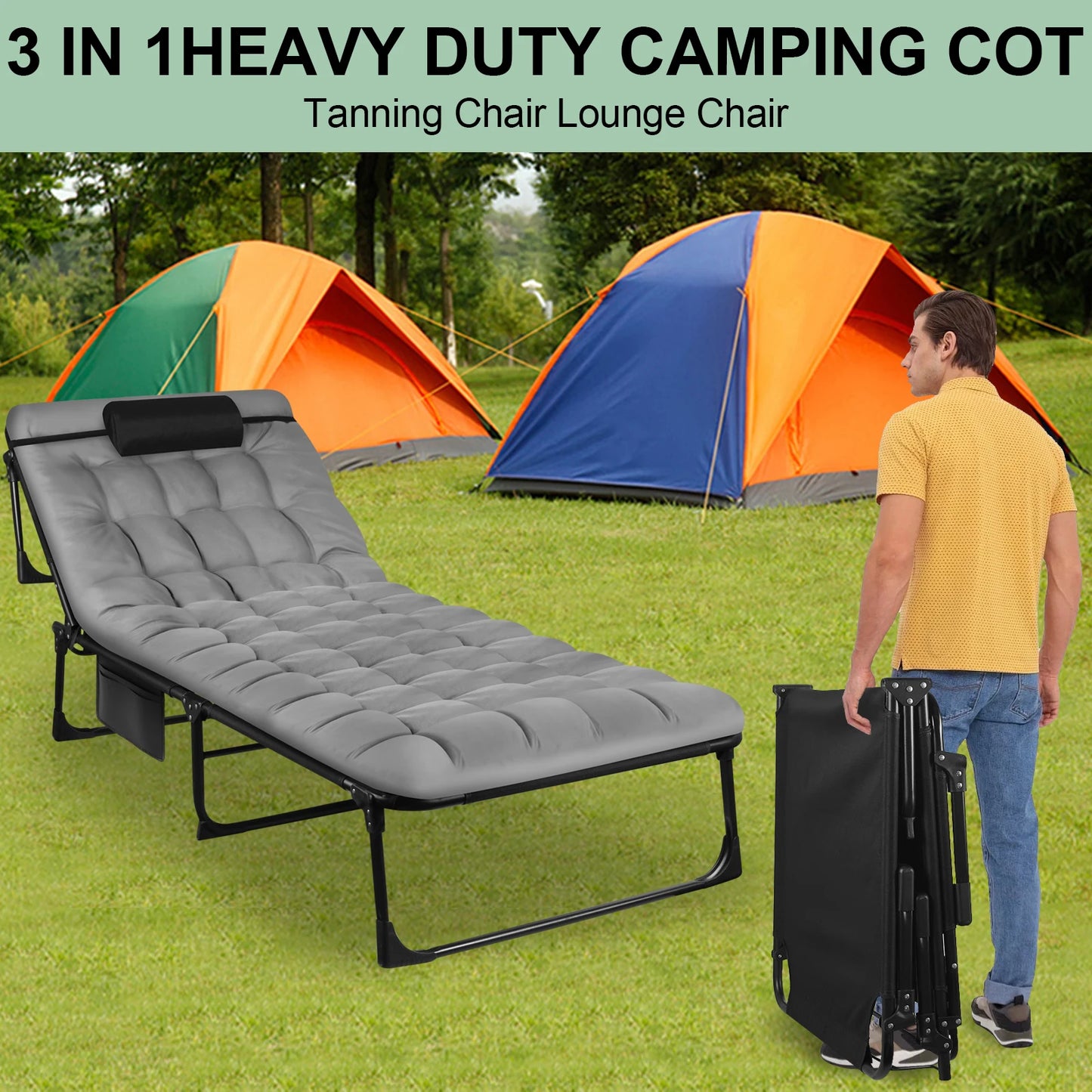 Adjustable Folding Camping Cot With Pillow And Recliner