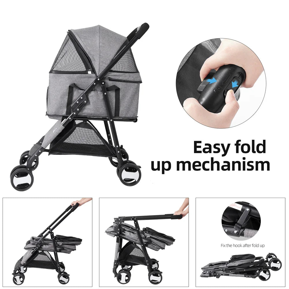 Foldable Four Wheel Pet Stroller With Basket And Rain Cover