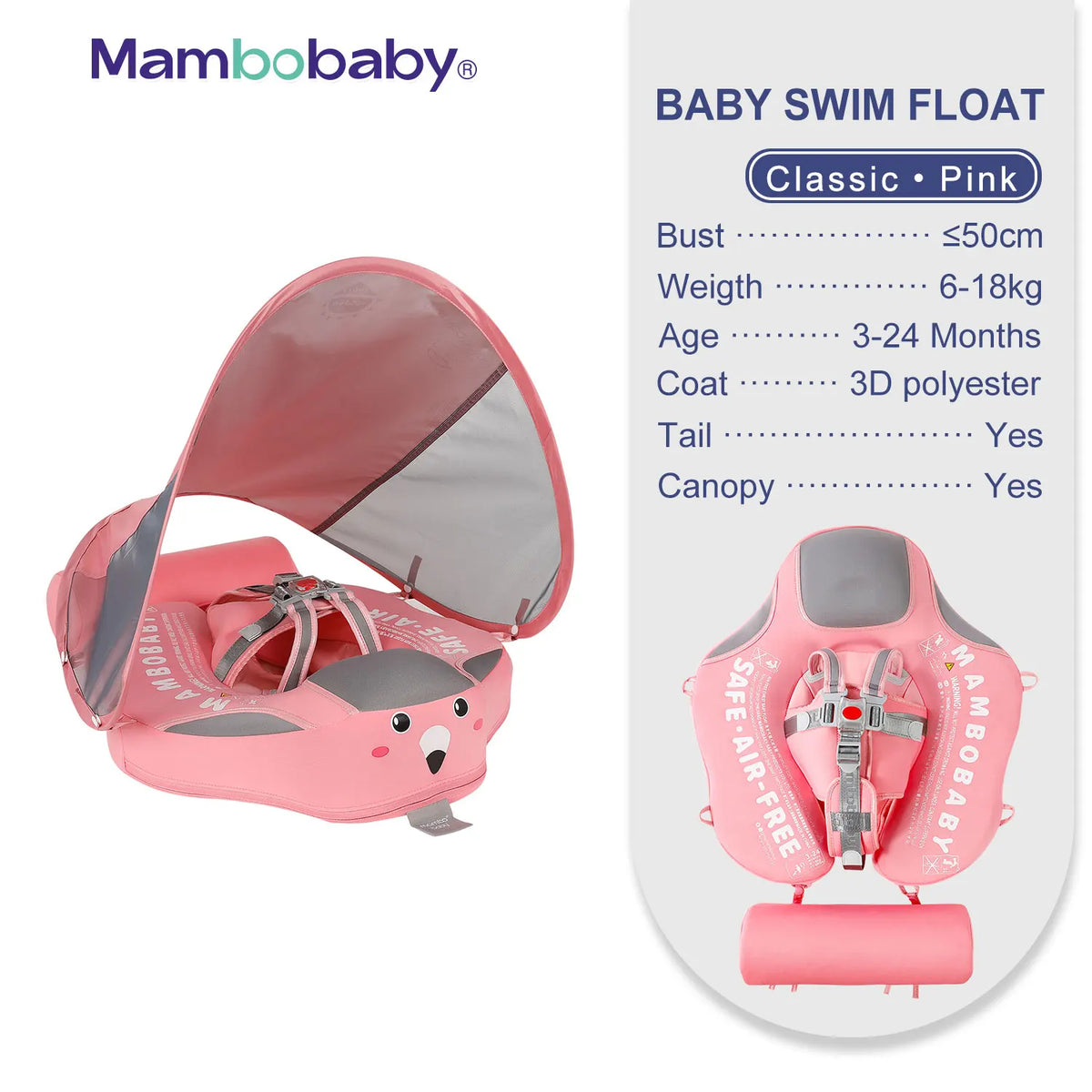Mambobaby Inflatable Free Baby Float With Sun Canopy And Strap